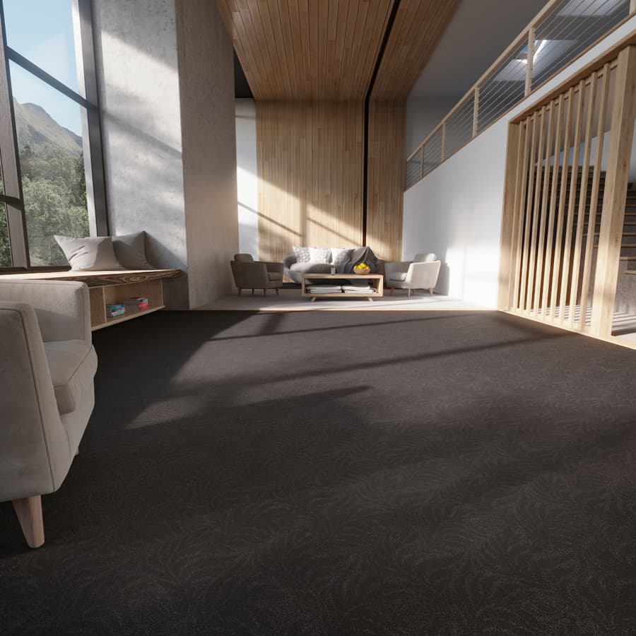 Fern Leaves Designer Plush Pile Carpet Flooring Texture, Black